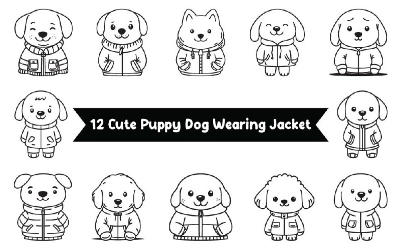 12 söta hundvalpkaraktär bär jacka i Line Art