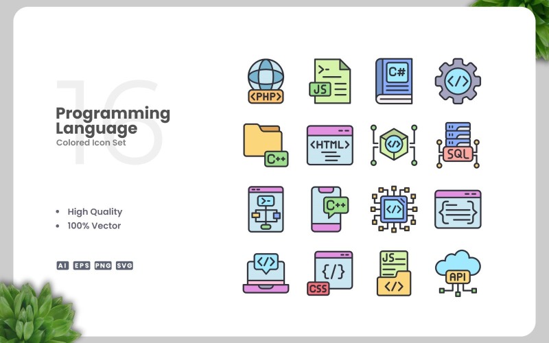 Conjunto de 16 iconos de colores del lenguaje de programación