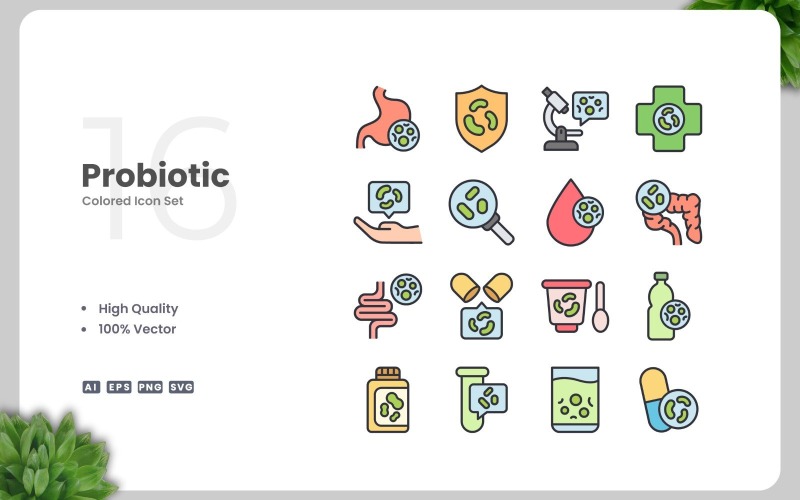 16 Probiotische gekleurde pictogrammenset