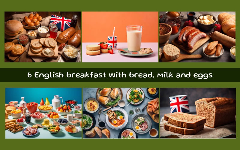 Desayuno inglés con pan, leche y huevos.