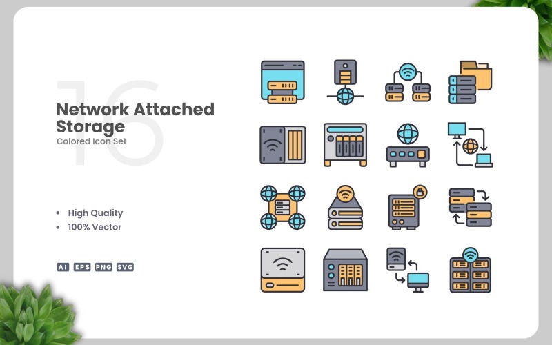 16 gekleurde pictogrammen voor Network Attached Storage