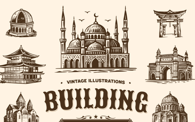 Vintage-Gebäude-Illustrationssatz