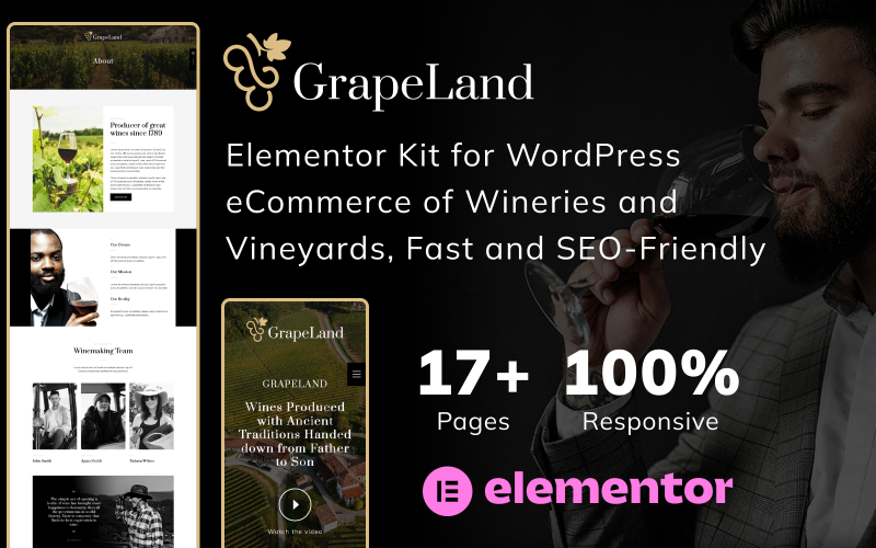 GrapeLand - Elementor Kit 适用于酒庄和葡萄园的 WordPress 电子商务，速度快且 SEO 友好