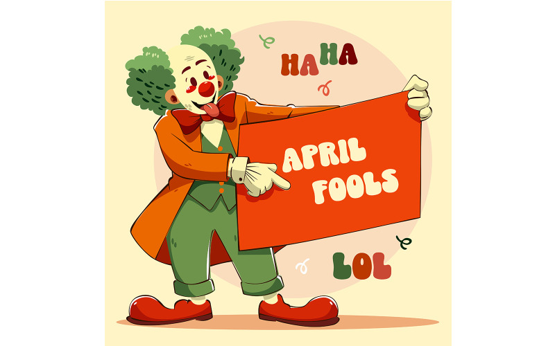 Lekfull tecknad clown som firar April Fools' Day