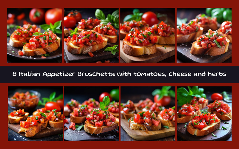 Olasz előétel Bruschetta paradicsommal, sajttal és fűszernövényekkel