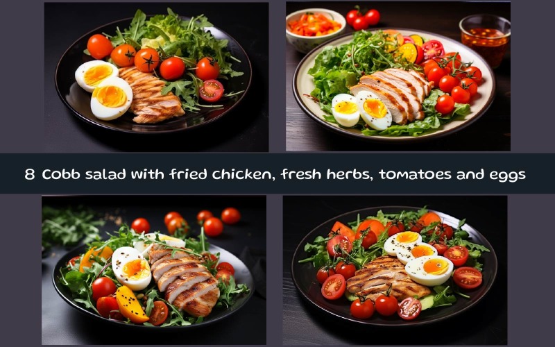 Ensalada Cobb con pollo frito, hierbas frescas, tomates y huevos.