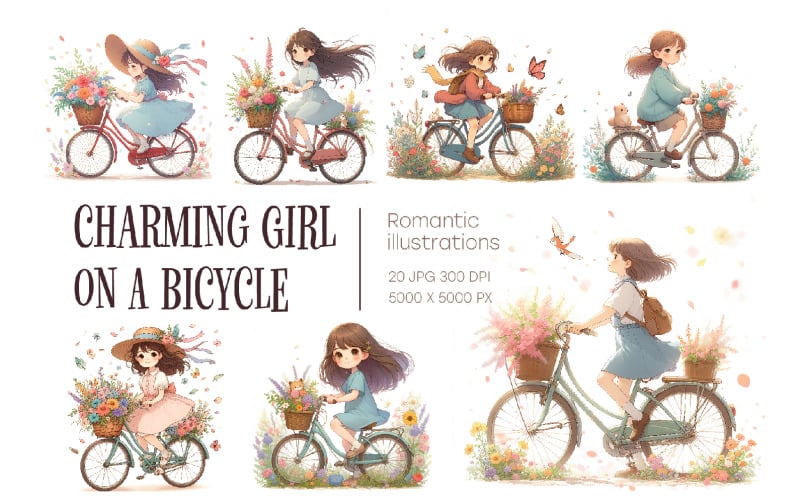Garota em uma bicicleta. Arte de parede.