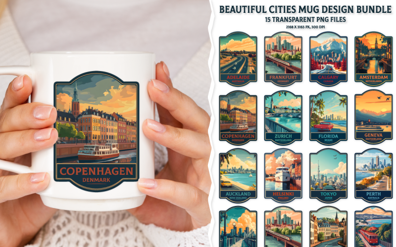 Conjunto de canecas com design de cidades bonitas