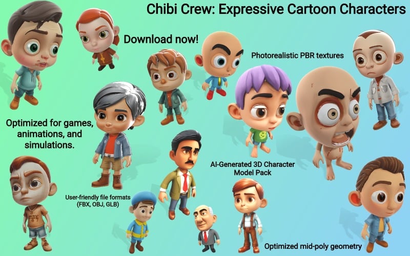 Chibi Crew: modello 3D di personaggi dei cartoni animati espressivi