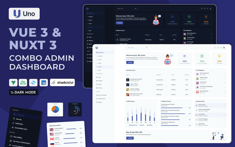 Uno – Vue 3 e Nuxt 3 Combo TailwindCSS Modello dashboard di amministrazione