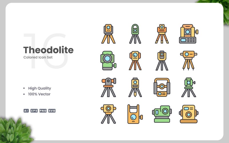 16 Theodolite Colored Icons Set #513420 - TemplateMonster