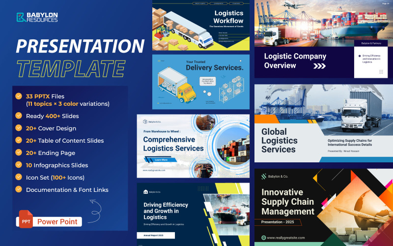 LogistiPro – шаблон PowerPoint «Многоцелевая логистика» | 400+ уникальных слайдов | 3 цветовых варианта