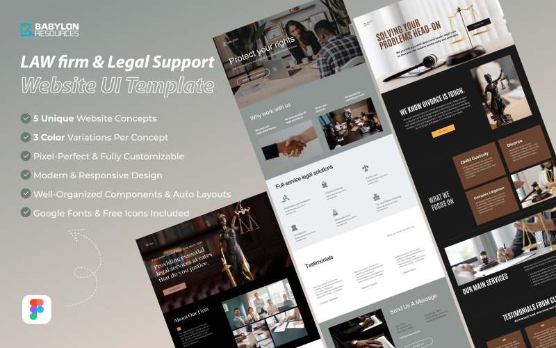 Pacote de modelos de interface de usuário para sites de suporte jurídico e escritórios de advocacia – 15 designs premium
