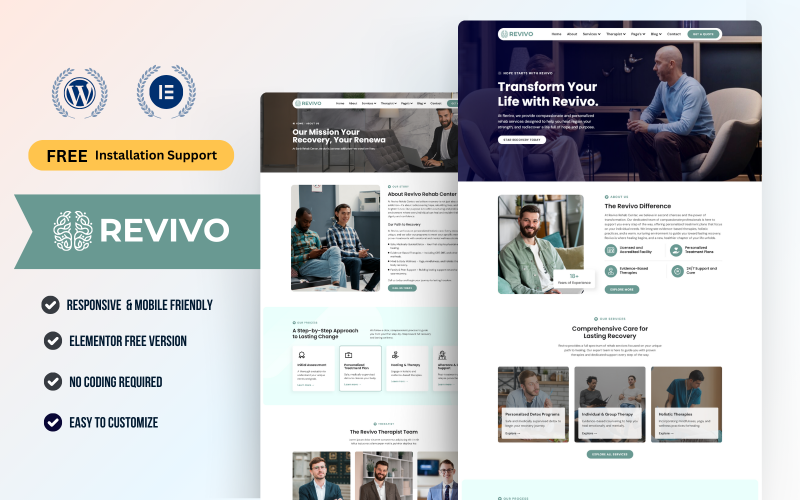 Revivo – Kit de modèle Elementor WordPress pour centre de désintoxication et de réadaptation