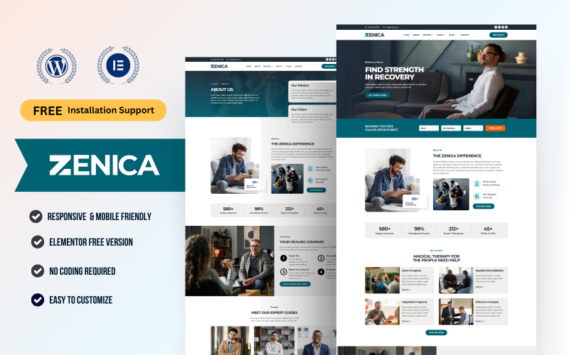 Zenica — Wordpress Elementor-mallpaket för center för missbruksrehabilitering och vårdrehabilitering