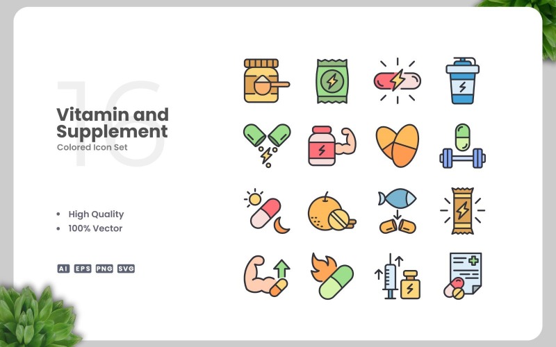16 gekleurde pictogrammen voor vitamines en supplementen