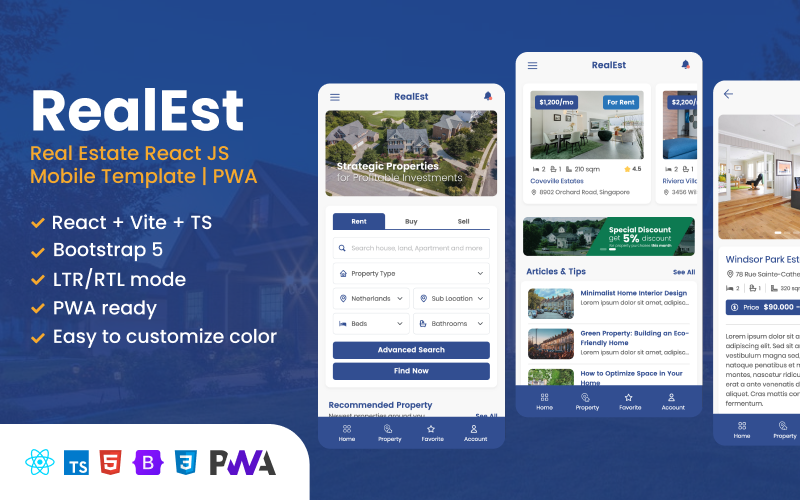RealEst - React JS mobiele sjabloon voor onroerend goed | PWA