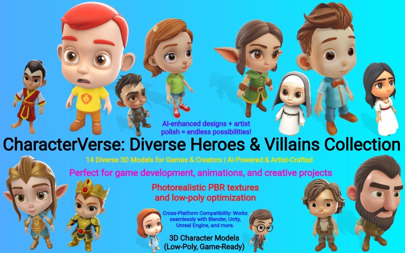 CharacterVerse: Çeşitli Kahramanlar ve Kötüler Koleksiyonu 3D Modeli