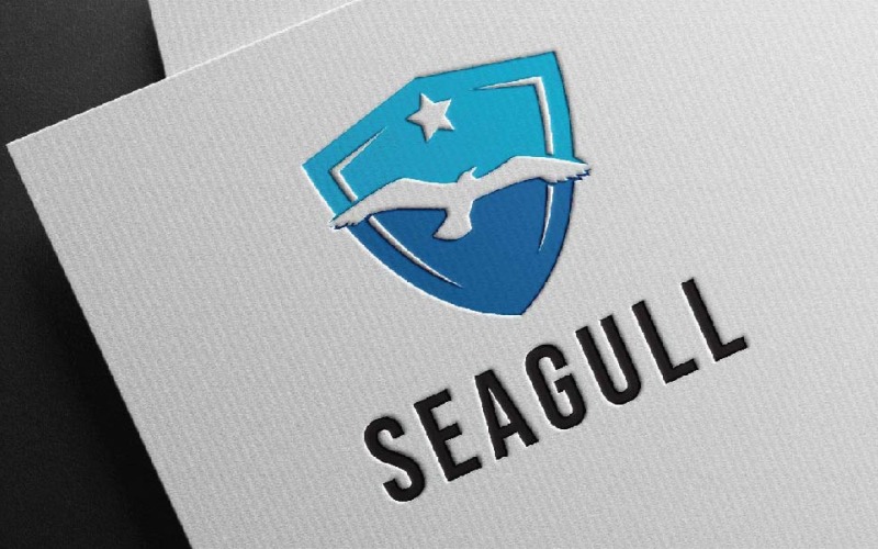 Modèle de logo d'entreprise représentant un oiseau mouette volant en toute liberté avec protection par un bouclier étoilé