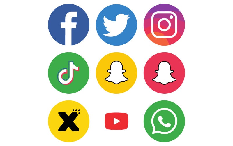 Facebook, twitter x, instagram, tiktok, snapchat, youtube, whatsapp social media app logo icon