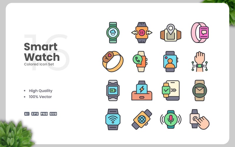 Set van 16 gekleurde smartwatch-pictogrammen