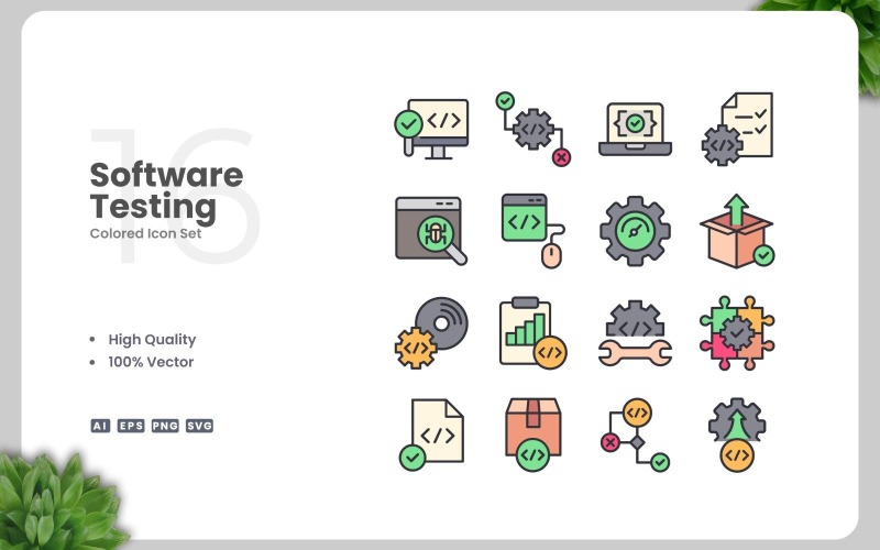 Conjunto de 16 ícones coloridos para testes de software