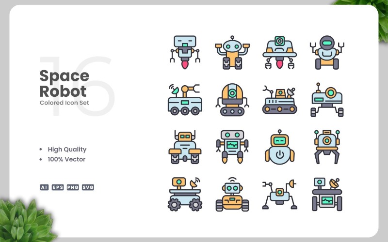 16 Ruimterobot gekleurde pictogrammenset