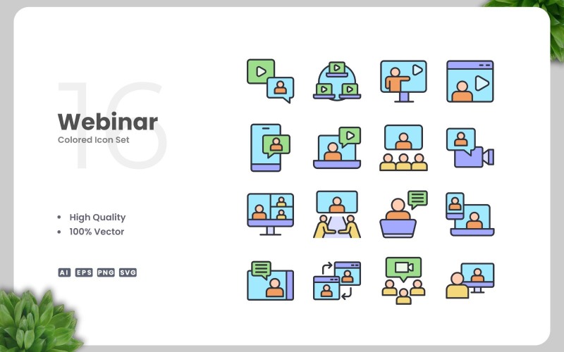 Set van 16 gekleurde webinarpictogrammen