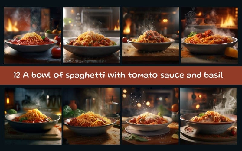Een kom spaghetti met tomatensaus en basilicum
