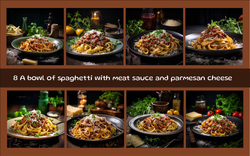 Een kom spaghetti met vleessaus en parmezaanse kaas