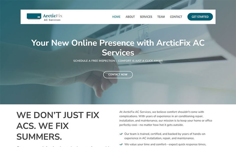 ArcticFix AC Services – Webbplatsmall för luftkonditioneringsreparations- och installationsföretag