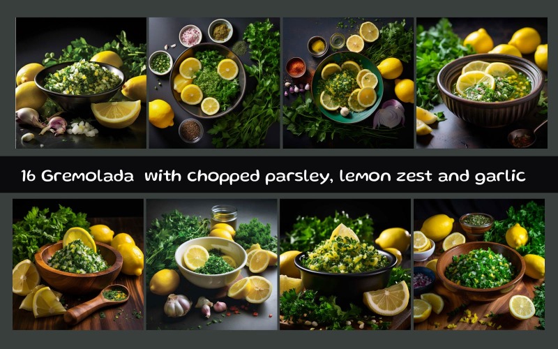 Gremolata mit gehackter Petersilie, Zitronenschale und Knoblauch