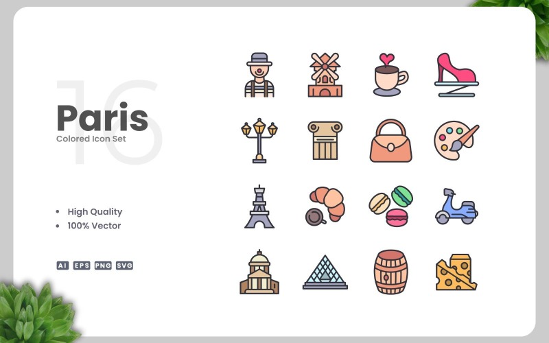 16 Paris färgade ikoner Set