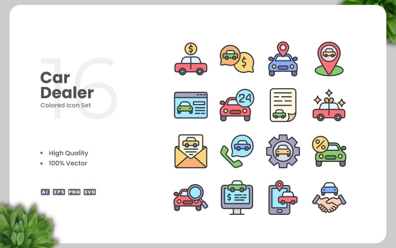 Set van 16 gekleurde pictogrammen voor autodealers