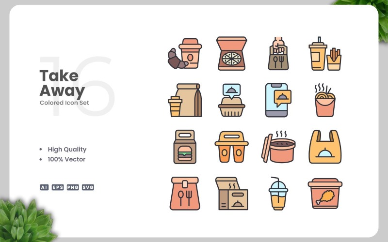 Conjunto de 16 iconos de colores para llevar