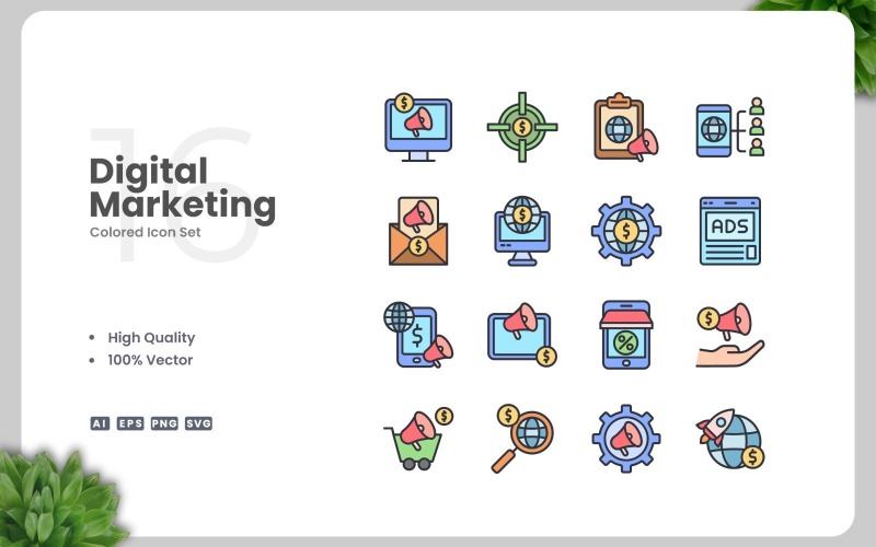 16 gekleurde iconensets voor digitale marketing