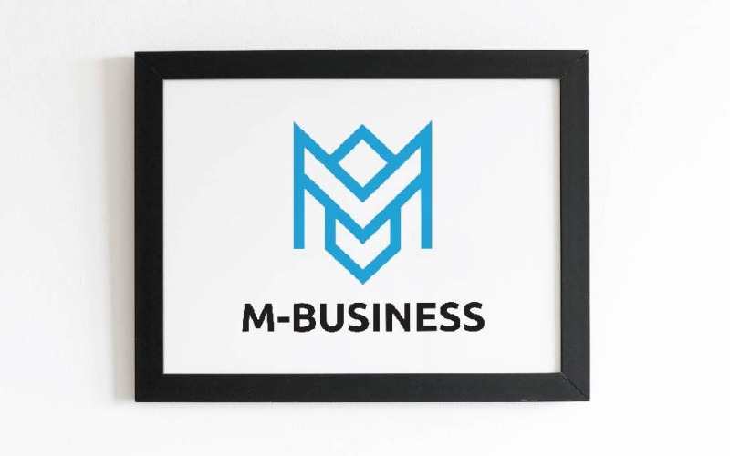 Modello di logo astratto con linea a freccia e lettera M blu per il marchio aziendale