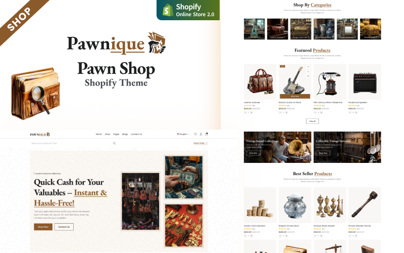 Pawnique - Obchod se starožitnostmi a aukční galerie vintage Shopify šablona