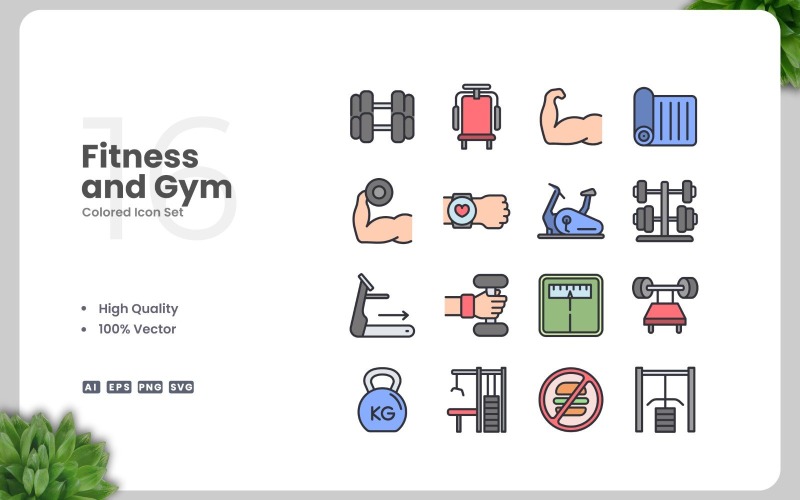 Set di 16 icone colorate per fitness e palestra