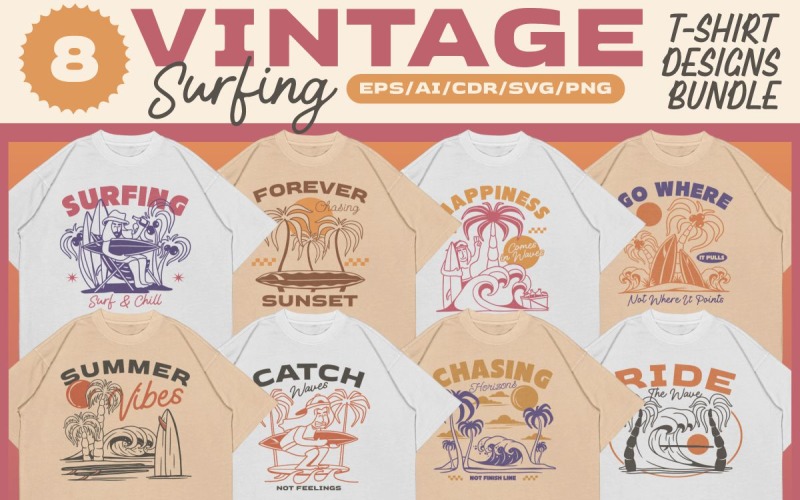 Balíček návrhů vintage triček na surfování