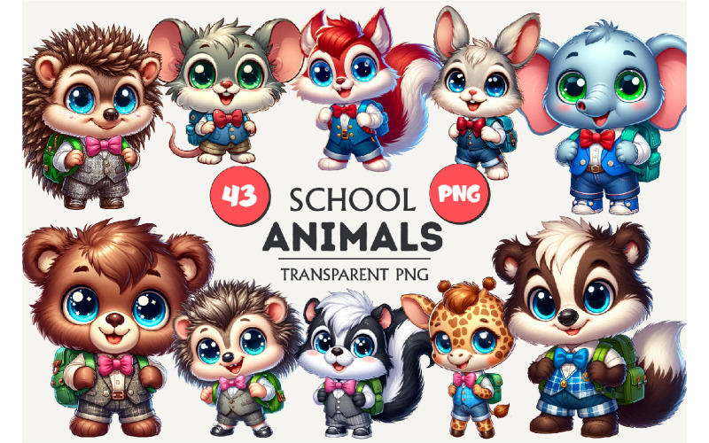 Cartone animato di animali della scuola. Adesivo per maglietta.