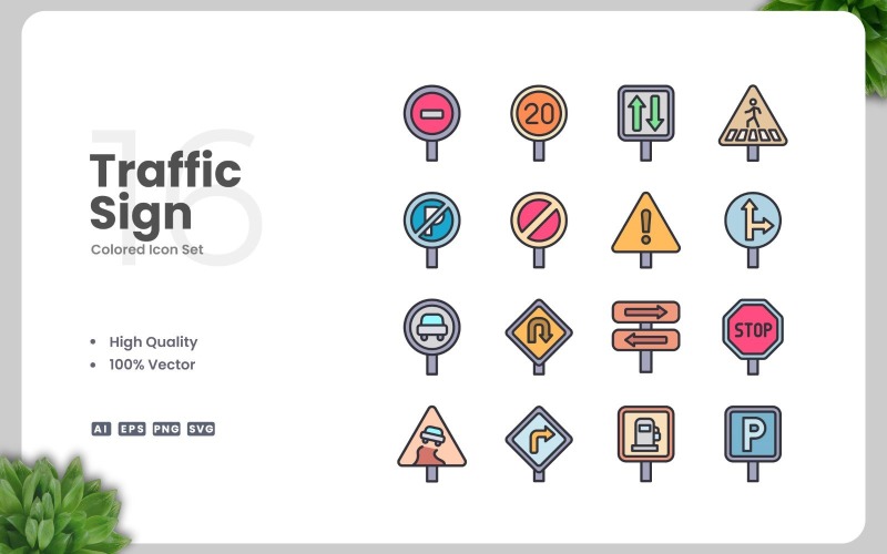 Ensemble de 16 icônes colorées de panneaux de signalisation