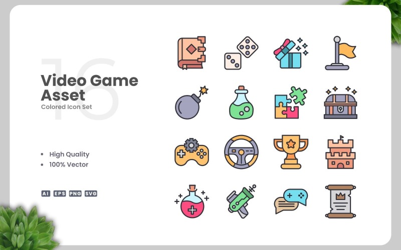 16 farbige Symbole für Videospiel-Assets