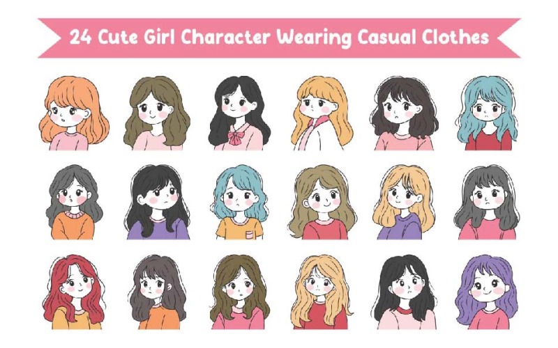 24 personagens femininas fofas vestindo roupas casuais