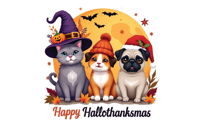 Gato e cachorro de Halloween usando chapéus de Natal – Ilustração PNG fofa para artesanato e cartões de Natal