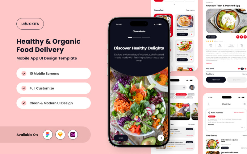 GlowMeals – Plantilla de diseño para app de entrega de comida saludable