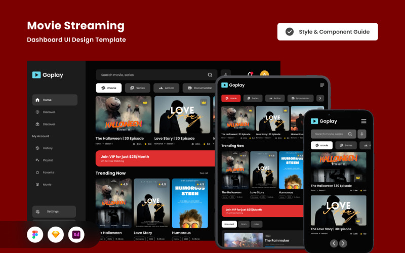 Goplay - Modello di progettazione dell'interfaccia utente della dashboard per lo streaming di film