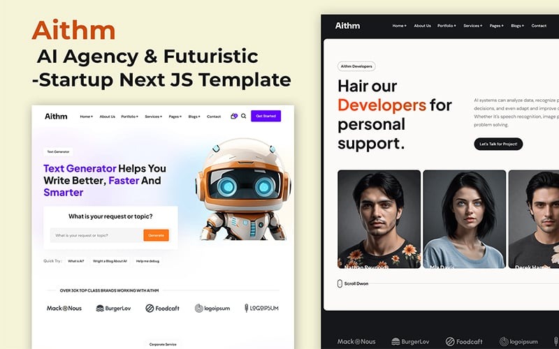 Aithm – Агентство штучного інтелекту та футуристичний стартап Next JS Шаблон