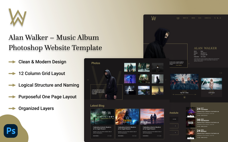 Alan Walker – 音乐专辑 Photoshop 网站模板