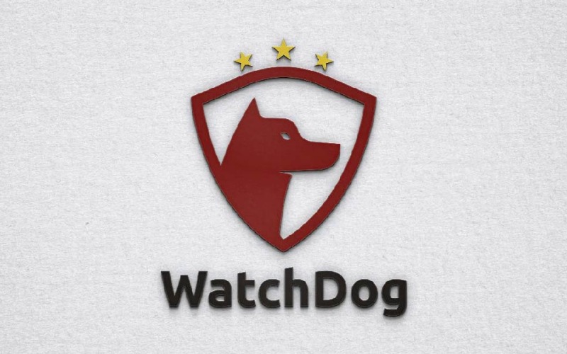 Modello di logo di sicurezza con sagoma di testa di cane con scudo protettivo